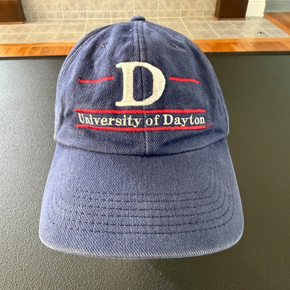 Vtg University Square‎ University of Dayton Hat Mens Blue Leather Strapback Cap